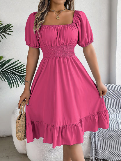 Flattering A-Line Silhouette Square Neck Puff Sleeve Smocked A-Line Midi Wedding Dress