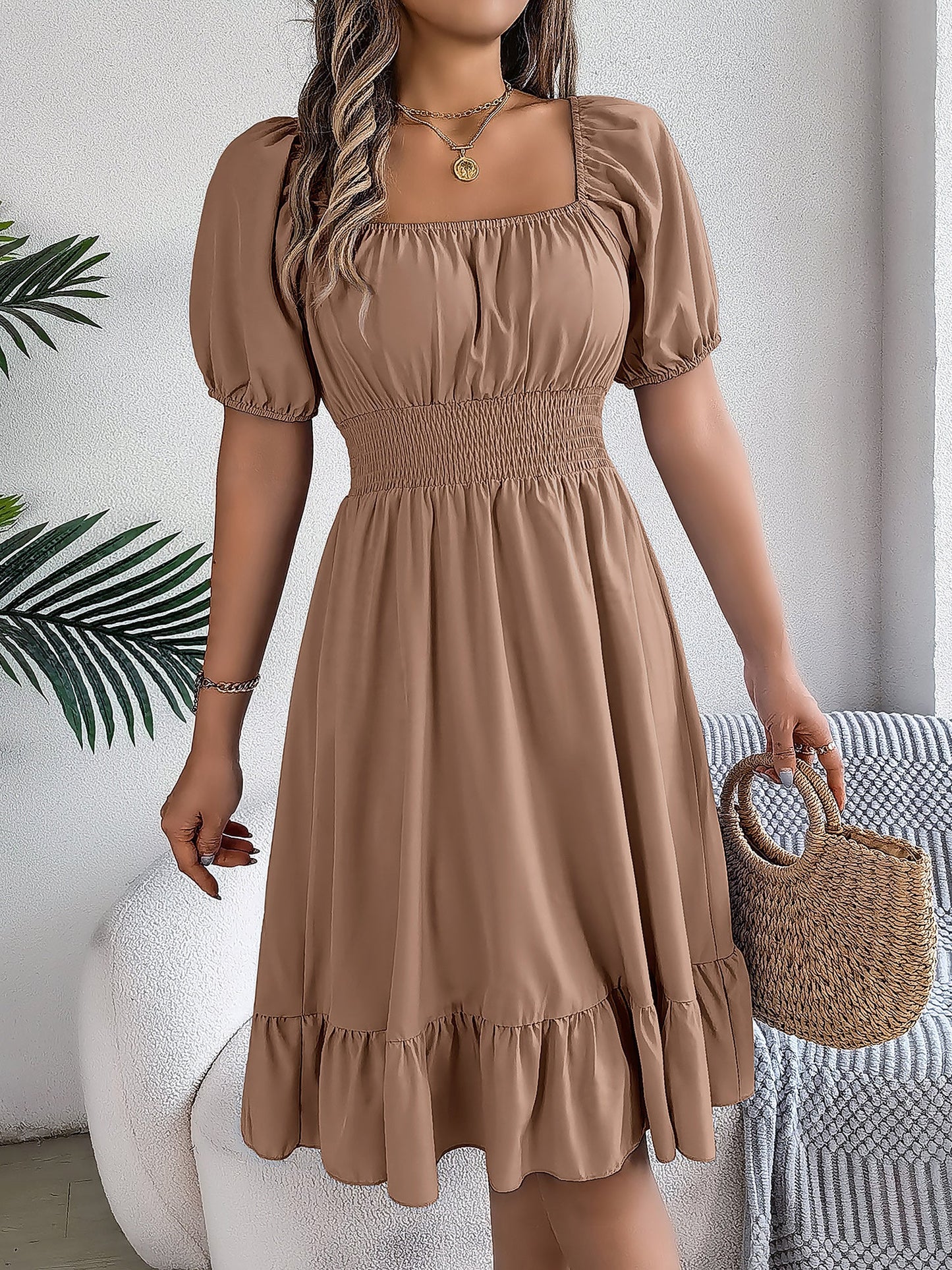 Flattering A-Line Silhouette Square Neck Puff Sleeve Smocked A-Line Midi Wedding Dress