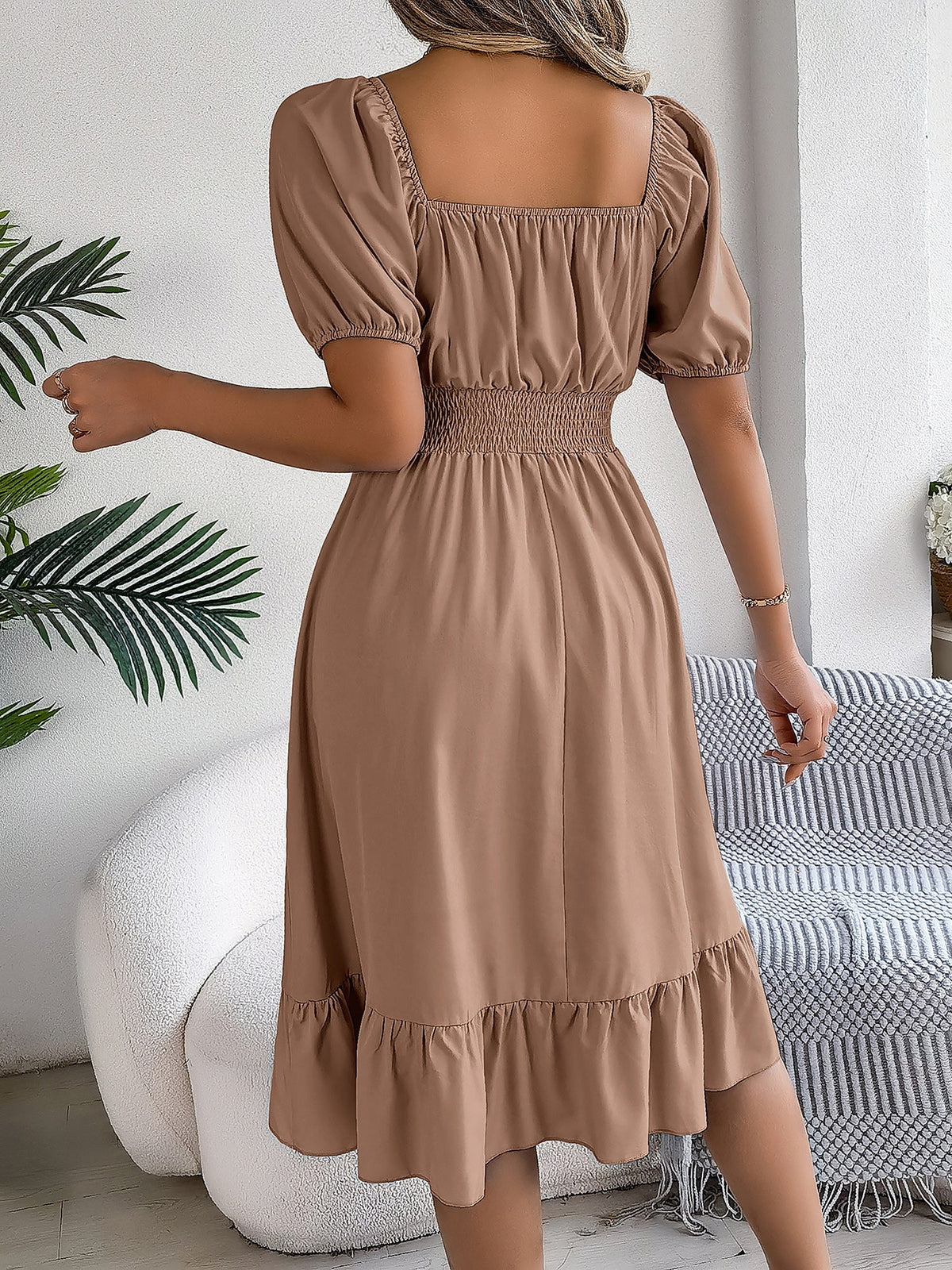 Flattering A-Line Silhouette Square Neck Puff Sleeve Smocked A-Line Midi Wedding Dress