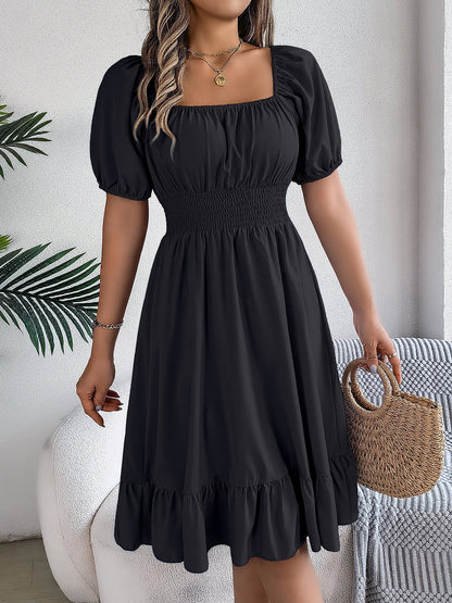 Flattering A-Line Silhouette Square Neck Puff Sleeve Smocked A-Line Midi Wedding Dress