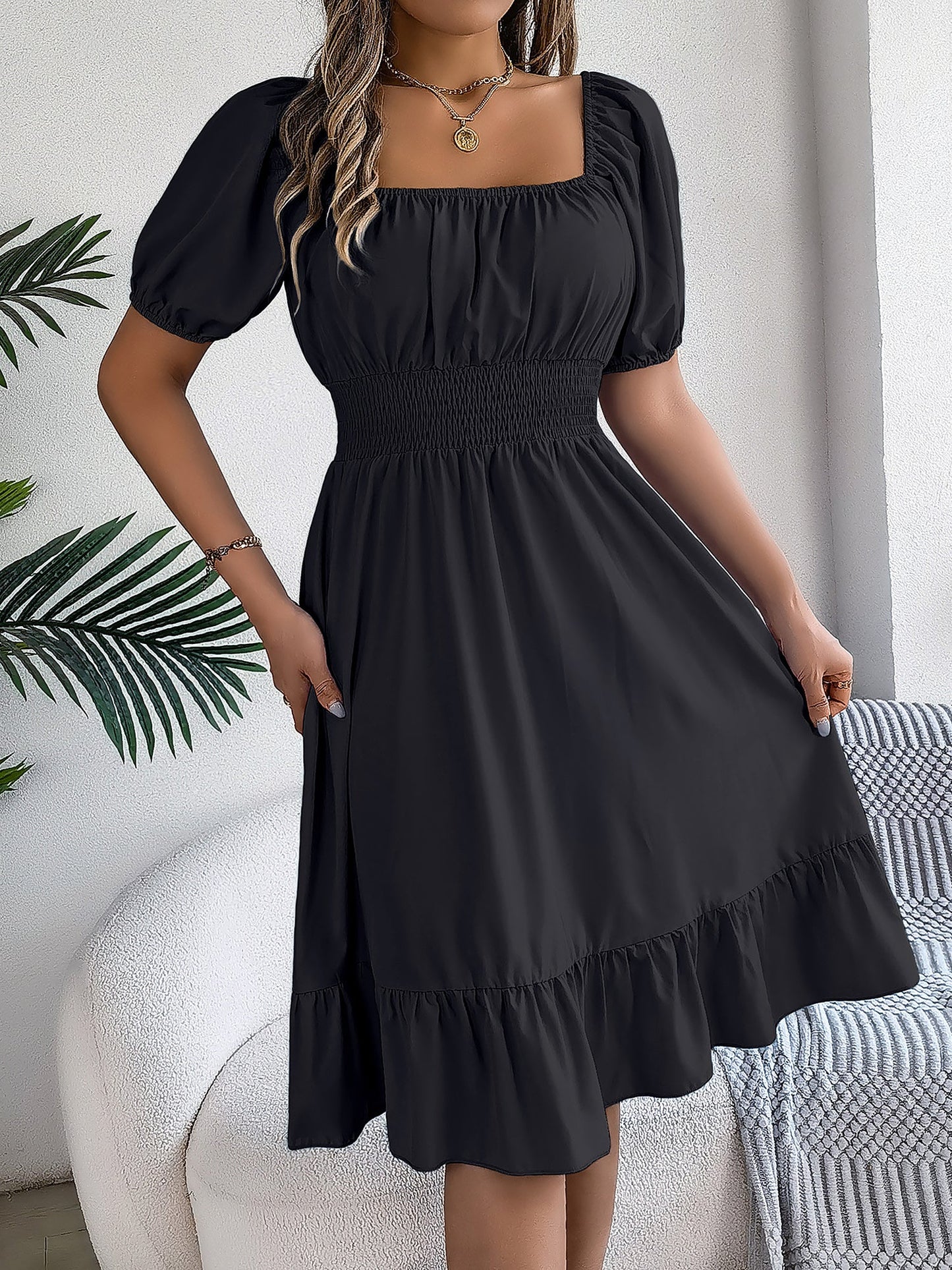 Flattering A-Line Silhouette Square Neck Puff Sleeve Smocked A-Line Midi Wedding Dress