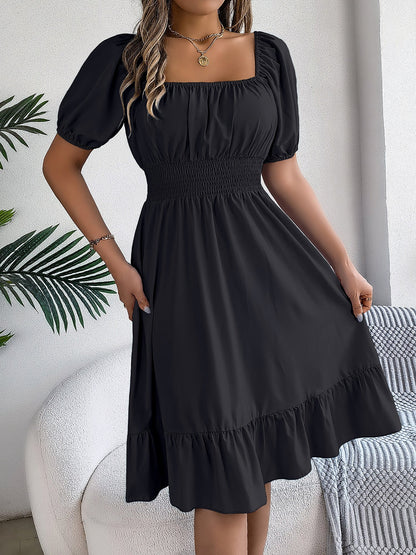 Flattering A-Line Silhouette Square Neck Puff Sleeve Smocked A-Line Midi Wedding Dress