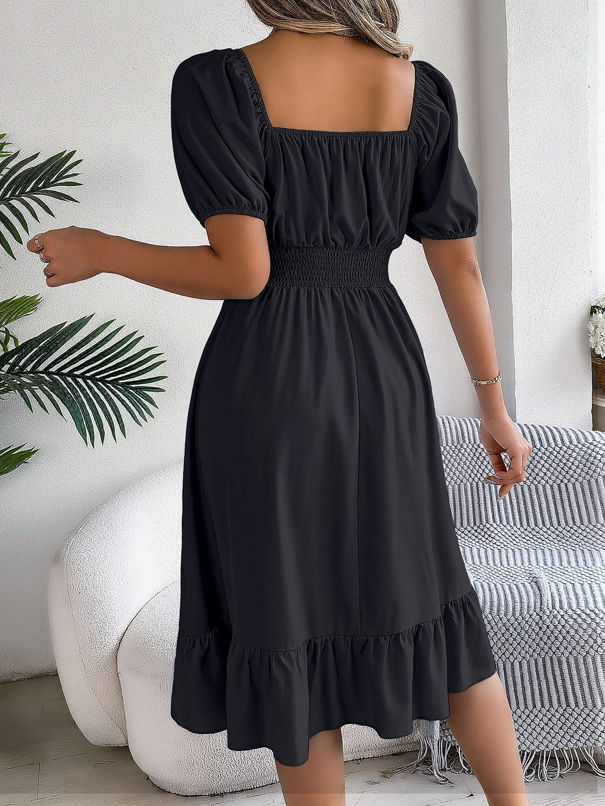 Flattering A-Line Silhouette Square Neck Puff Sleeve Smocked A-Line Midi Wedding Dress