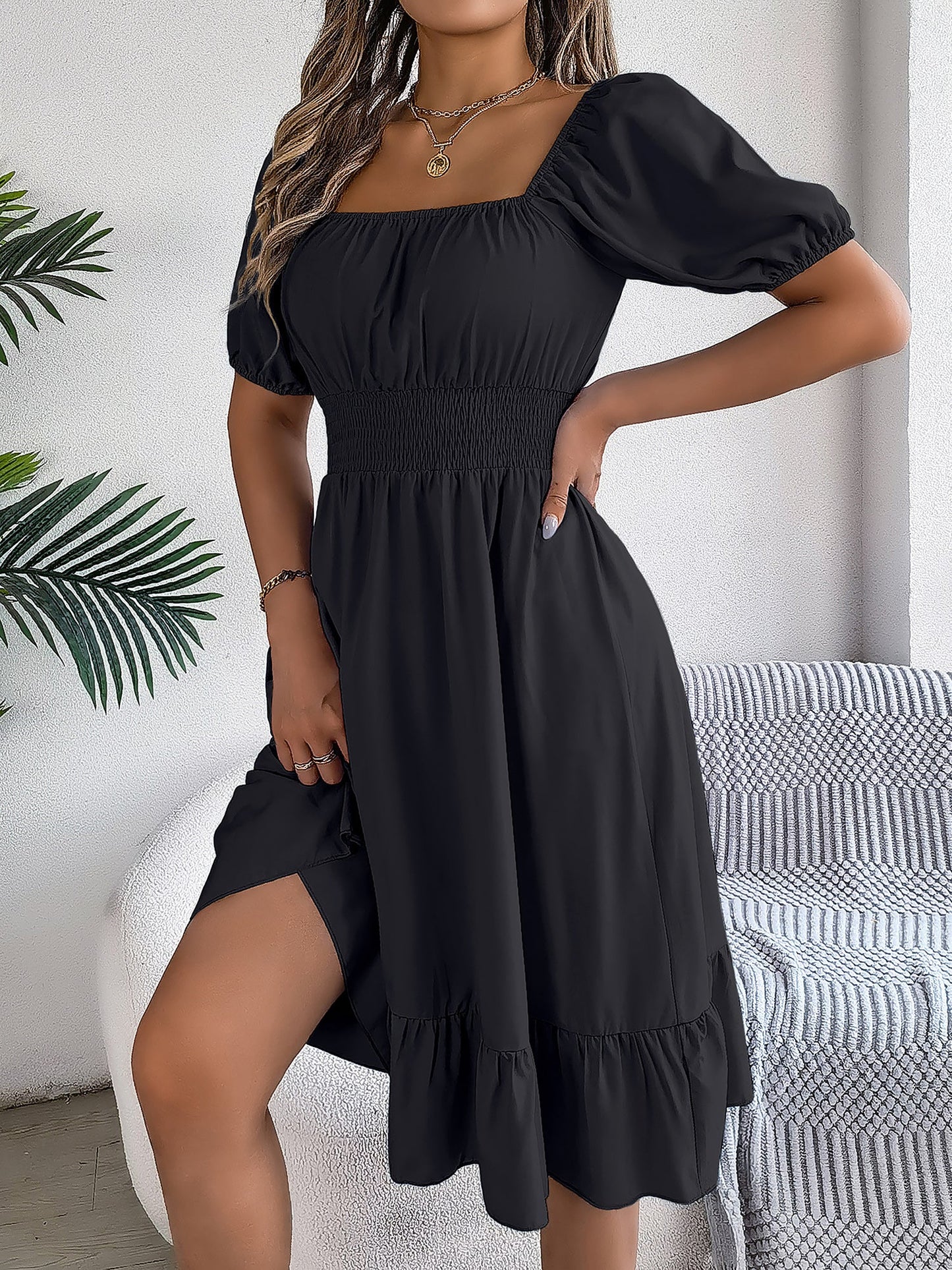 Flattering A-Line Silhouette Square Neck Puff Sleeve Smocked A-Line Midi Wedding Dress