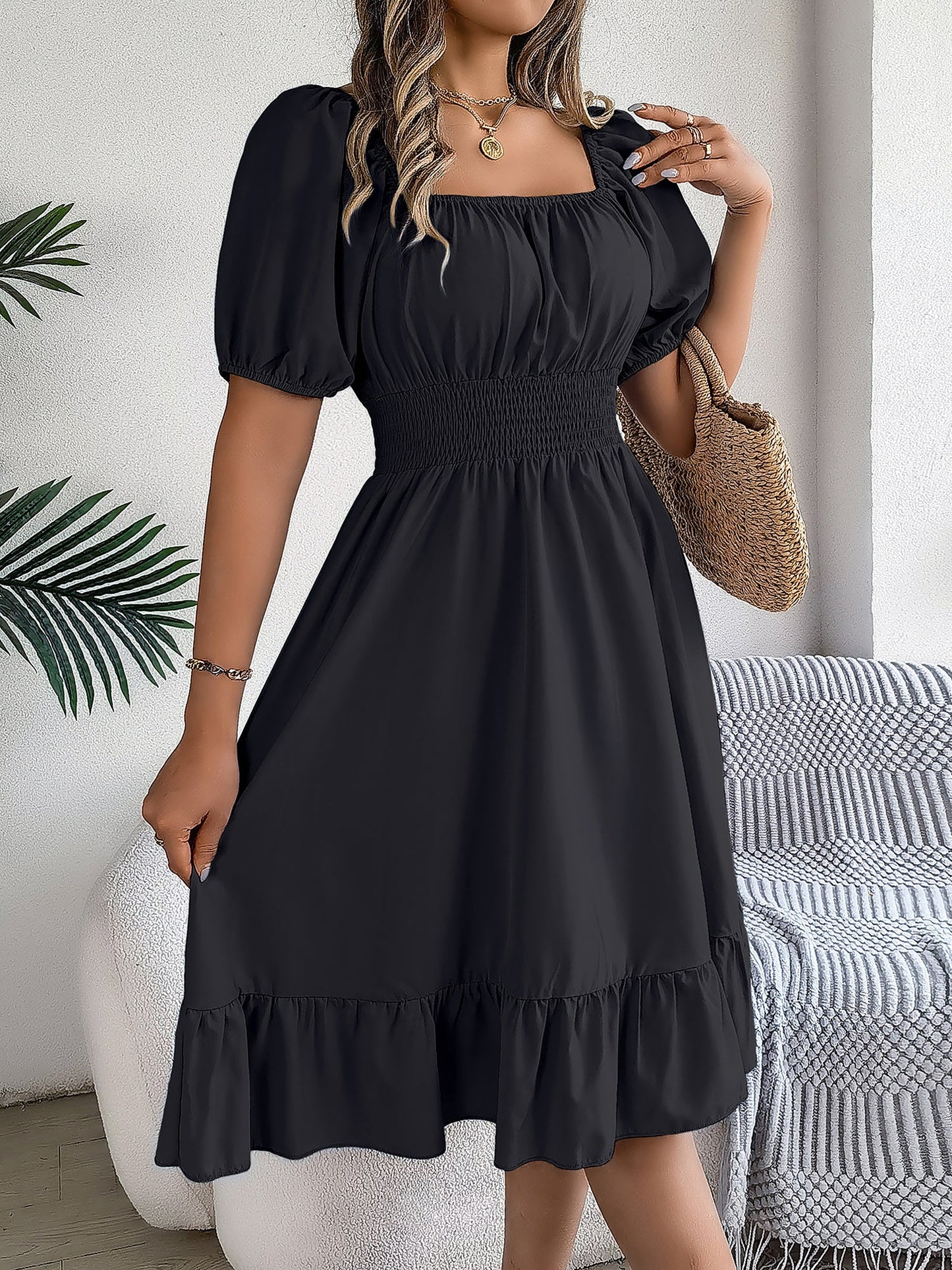 Flattering A-Line Silhouette Square Neck Puff Sleeve Smocked A-Line Midi Wedding Dress