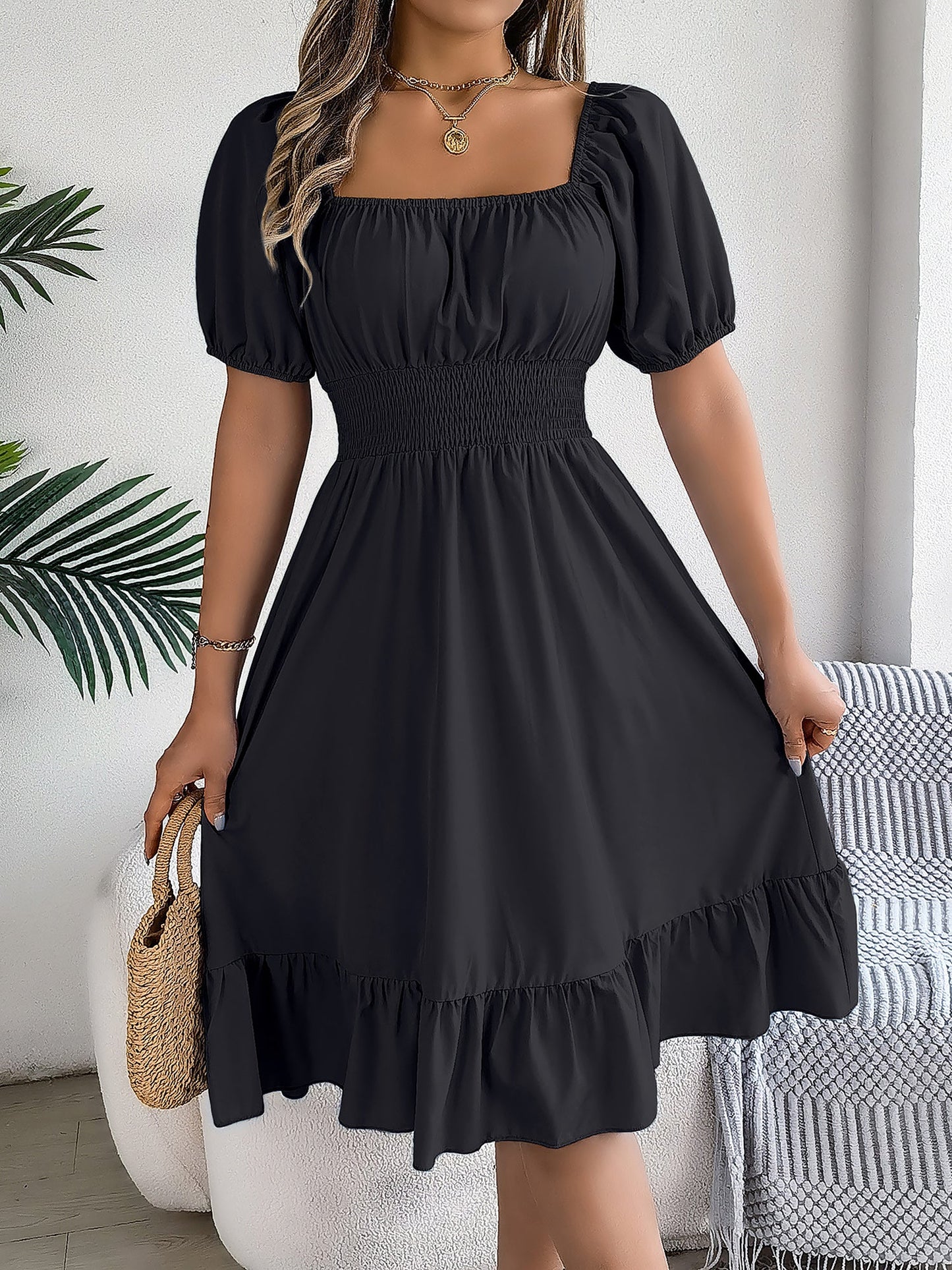 Flattering A-Line Silhouette Square Neck Puff Sleeve Smocked A-Line Midi Wedding Dress
