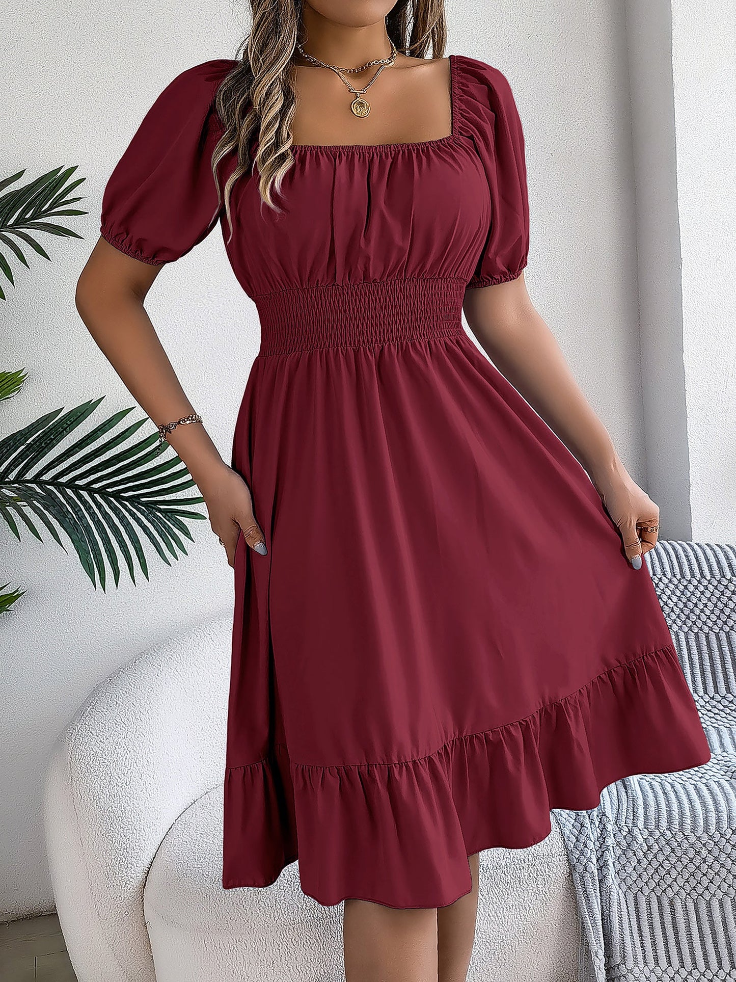 Flattering A-Line Silhouette Square Neck Puff Sleeve Smocked A-Line Midi Wedding Dress