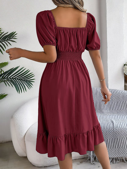 Flattering A-Line Silhouette Square Neck Puff Sleeve Smocked A-Line Midi Wedding Dress