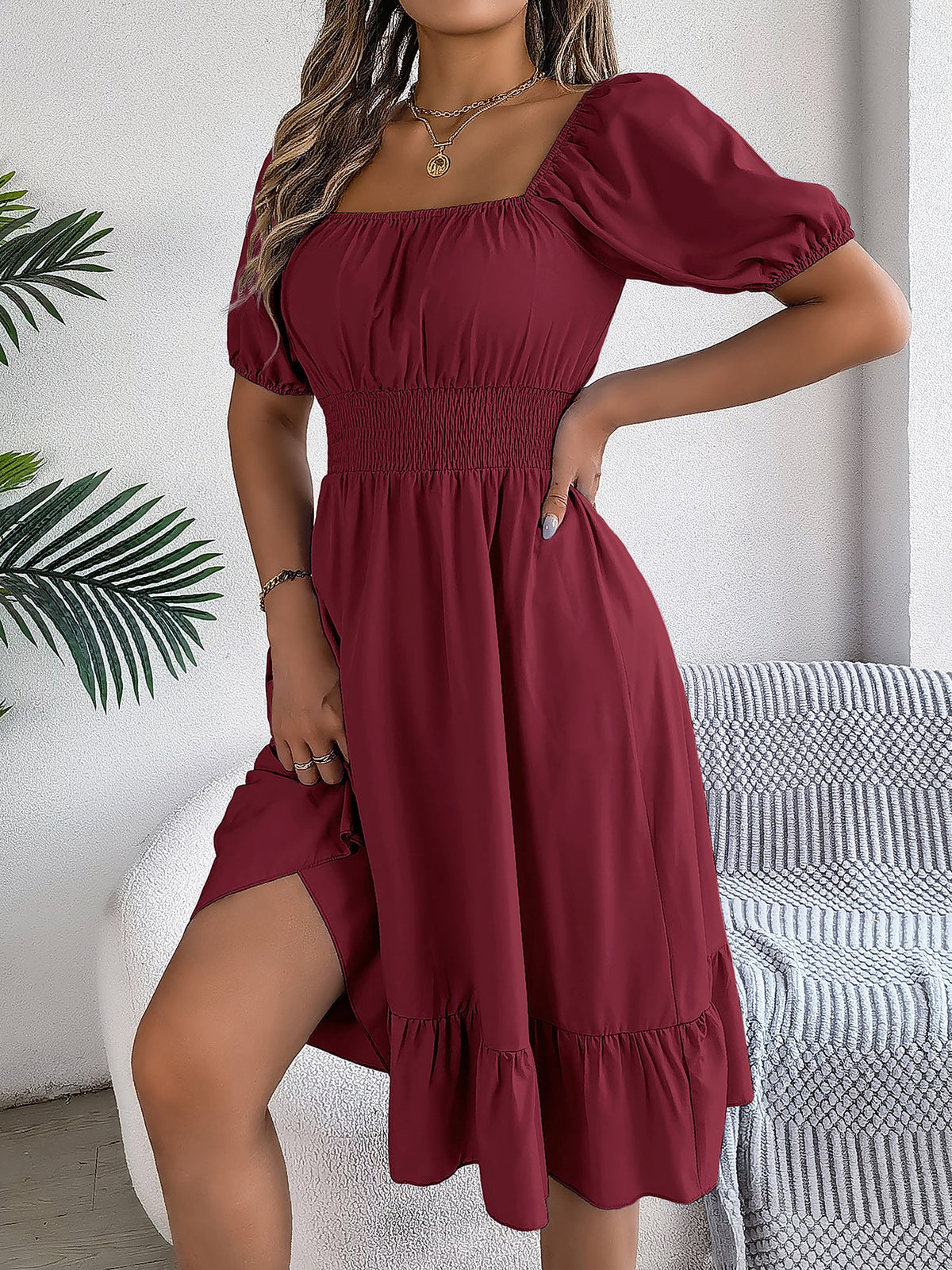 Flattering A-Line Silhouette Square Neck Puff Sleeve Smocked A-Line Midi Wedding Dress