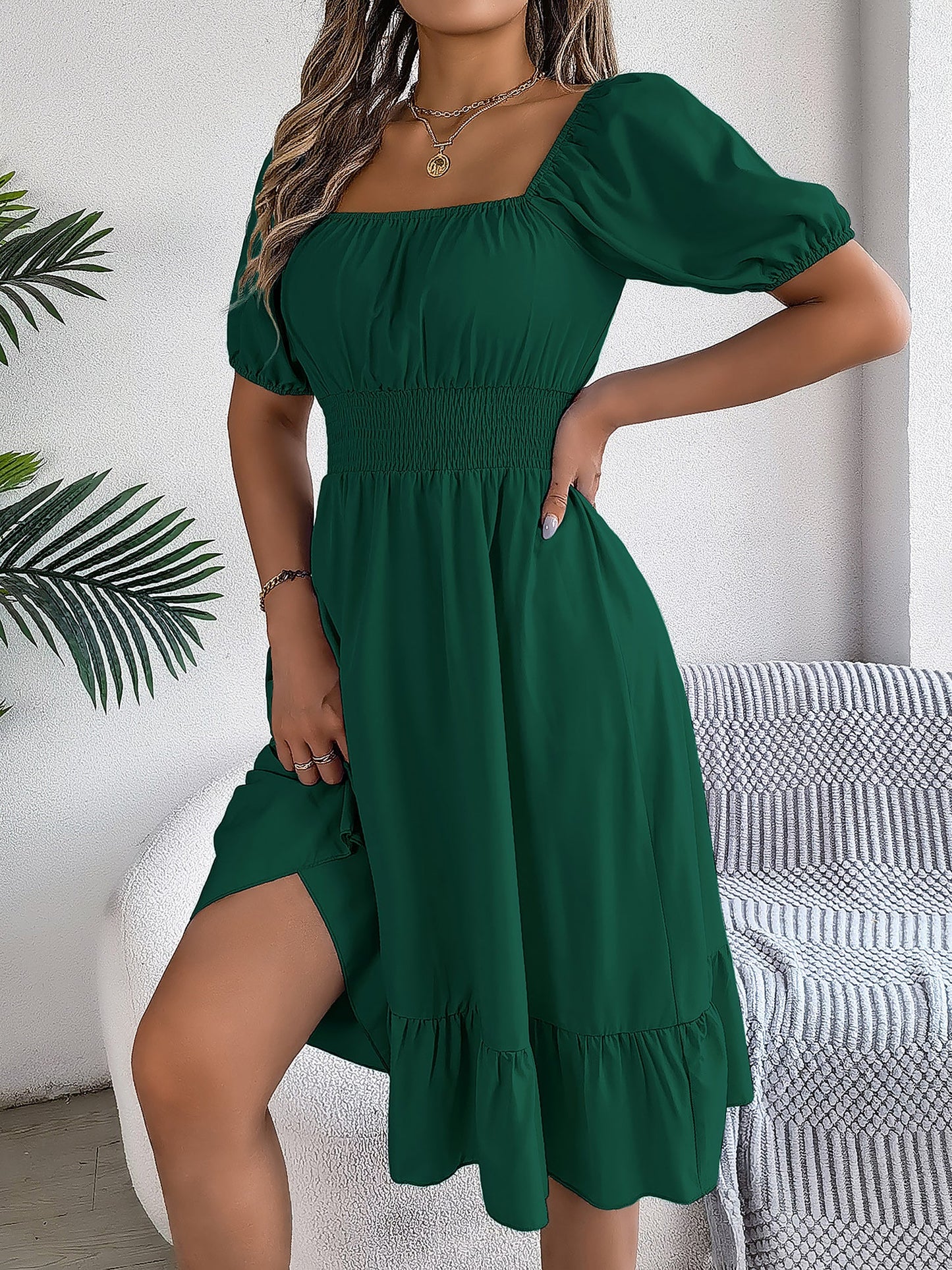 Flattering A-Line Silhouette Square Neck Puff Sleeve Smocked A-Line Midi Wedding Dress