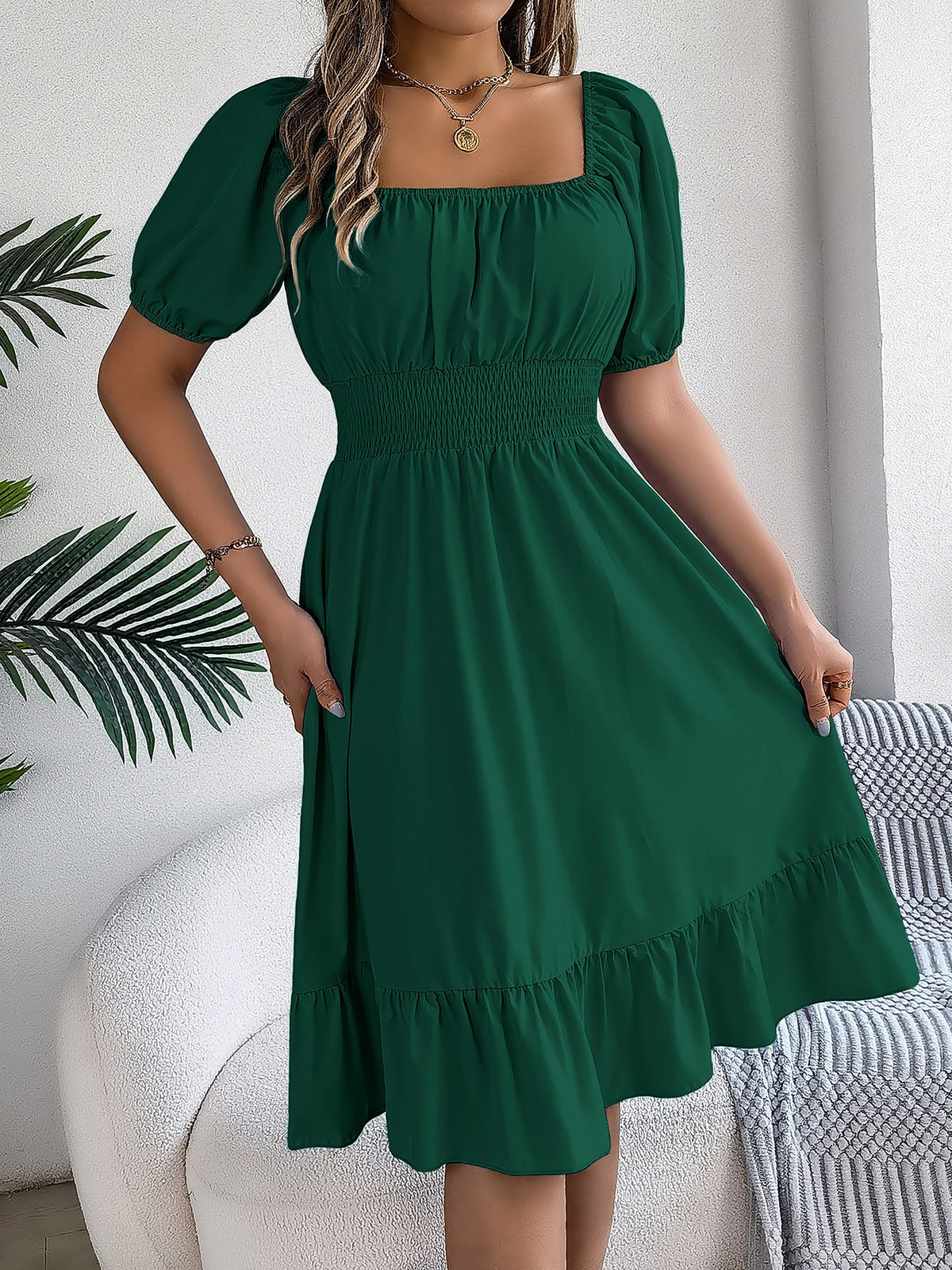 Flattering A-Line Silhouette Square Neck Puff Sleeve Smocked A-Line Midi Wedding Dress