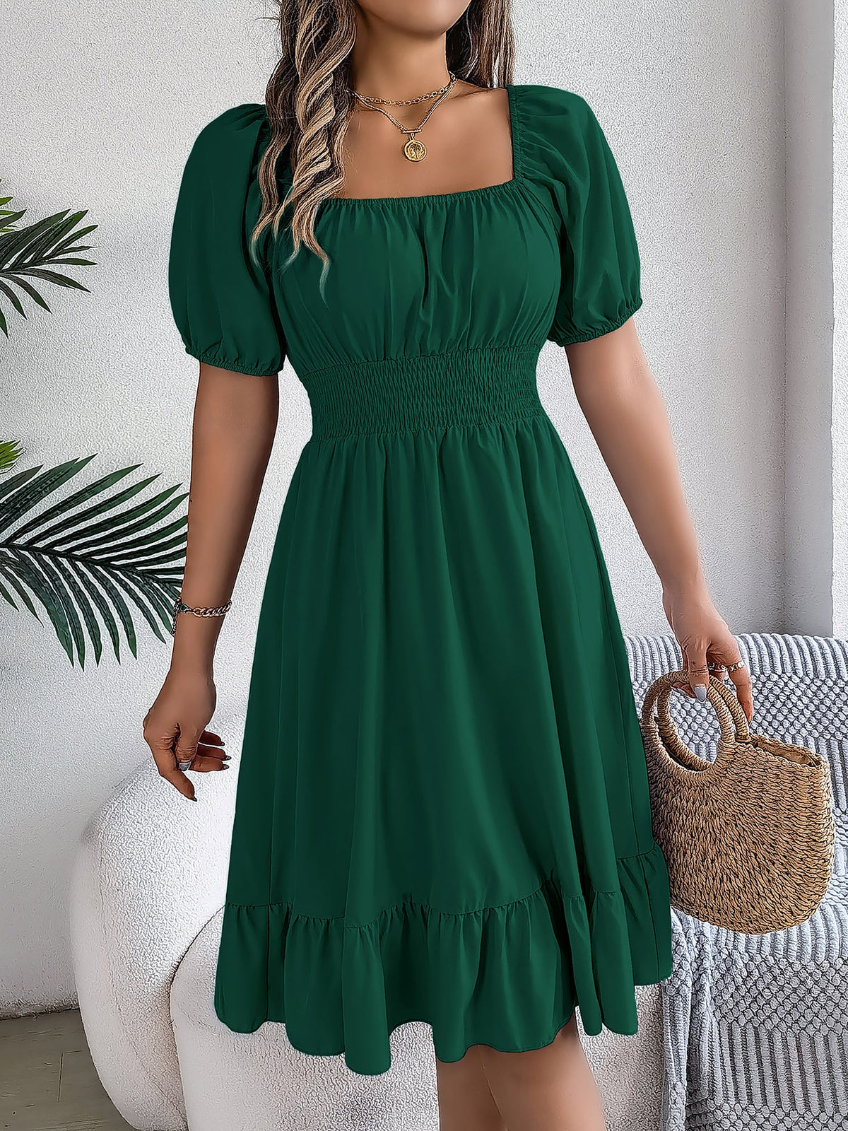 Flattering A-Line Silhouette Square Neck Puff Sleeve Smocked A-Line Midi Wedding Dress