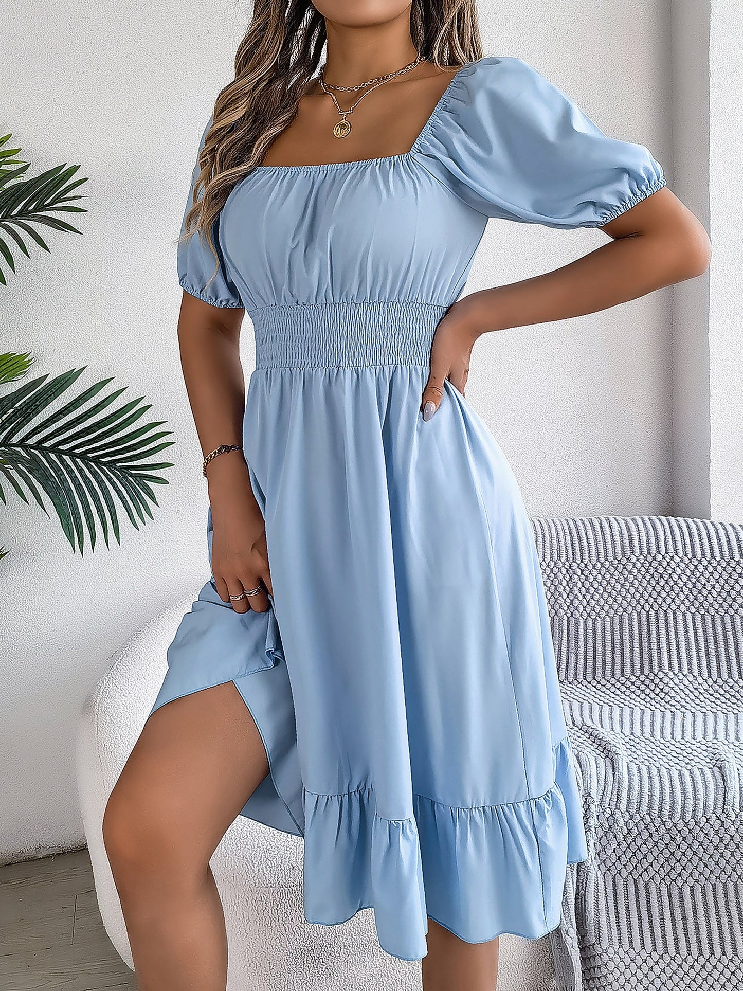 Flattering A-Line Silhouette Square Neck Puff Sleeve Smocked A-Line Midi Wedding Dress