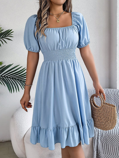 Flattering A-Line Silhouette Square Neck Puff Sleeve Smocked A-Line Midi Wedding Dress