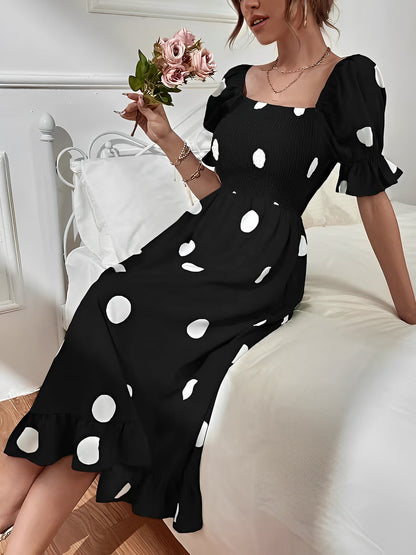 Vintage Elastic Smocking & Flutter Ruffles Polka Dot Off Shoulder Midi Cotton Dress