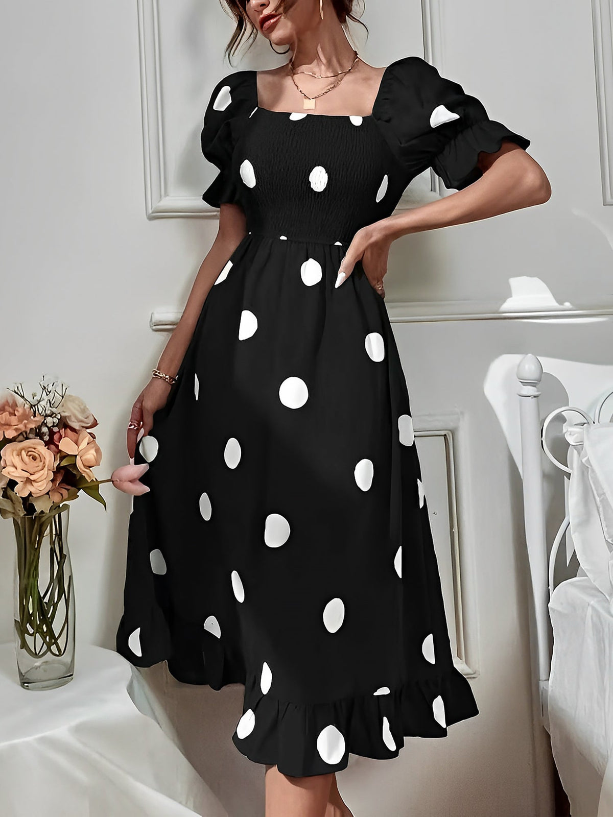 Vintage Elastic Smocking & Flutter Ruffles Polka Dot Off Shoulder Midi Cotton Dress