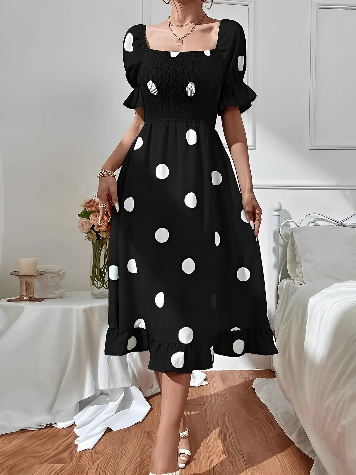 Vintage Elastic Smocking & Flutter Ruffles Polka Dot Off Shoulder Midi Cotton Dress