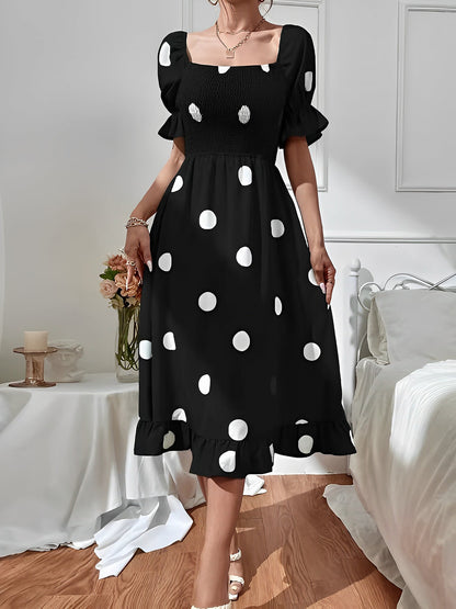 Vintage Elastic Smocking & Flutter Ruffles Polka Dot Off Shoulder Midi Cotton Dress