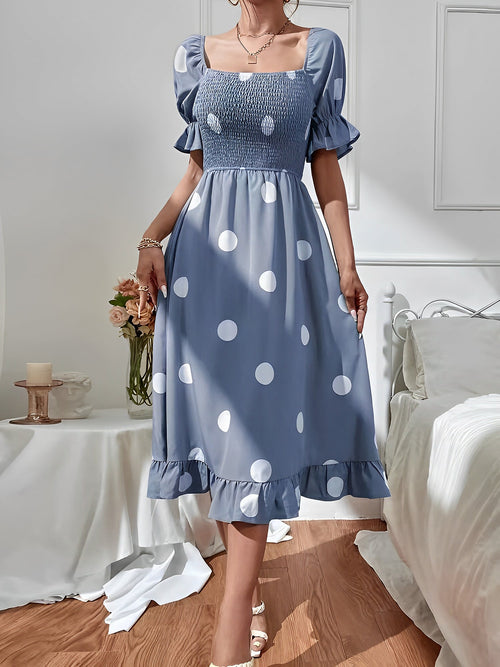 Vintage Elastic Smocking & Flutter Ruffles Polka Dot Off Shoulder Midi Cotton Dress