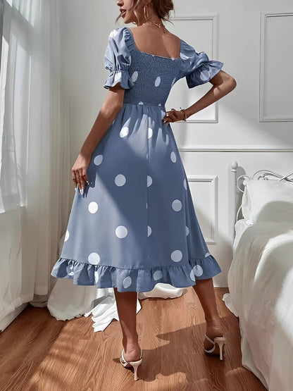 Vintage Elastic Smocking & Flutter Ruffles Polka Dot Off Shoulder Midi Cotton Dress