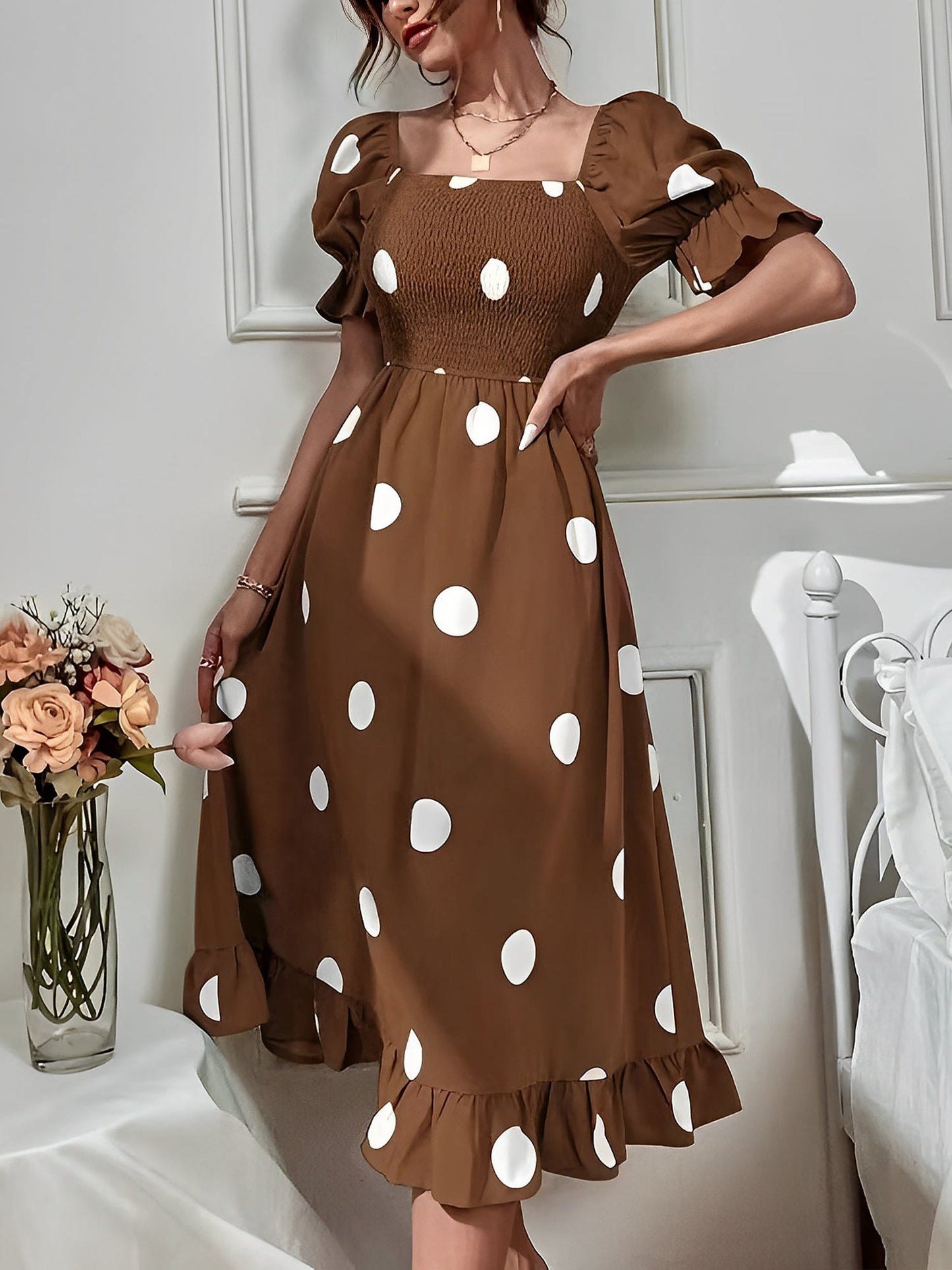 Vintage Elastic Smocking & Flutter Ruffles Polka Dot Off Shoulder Midi Cotton Dress