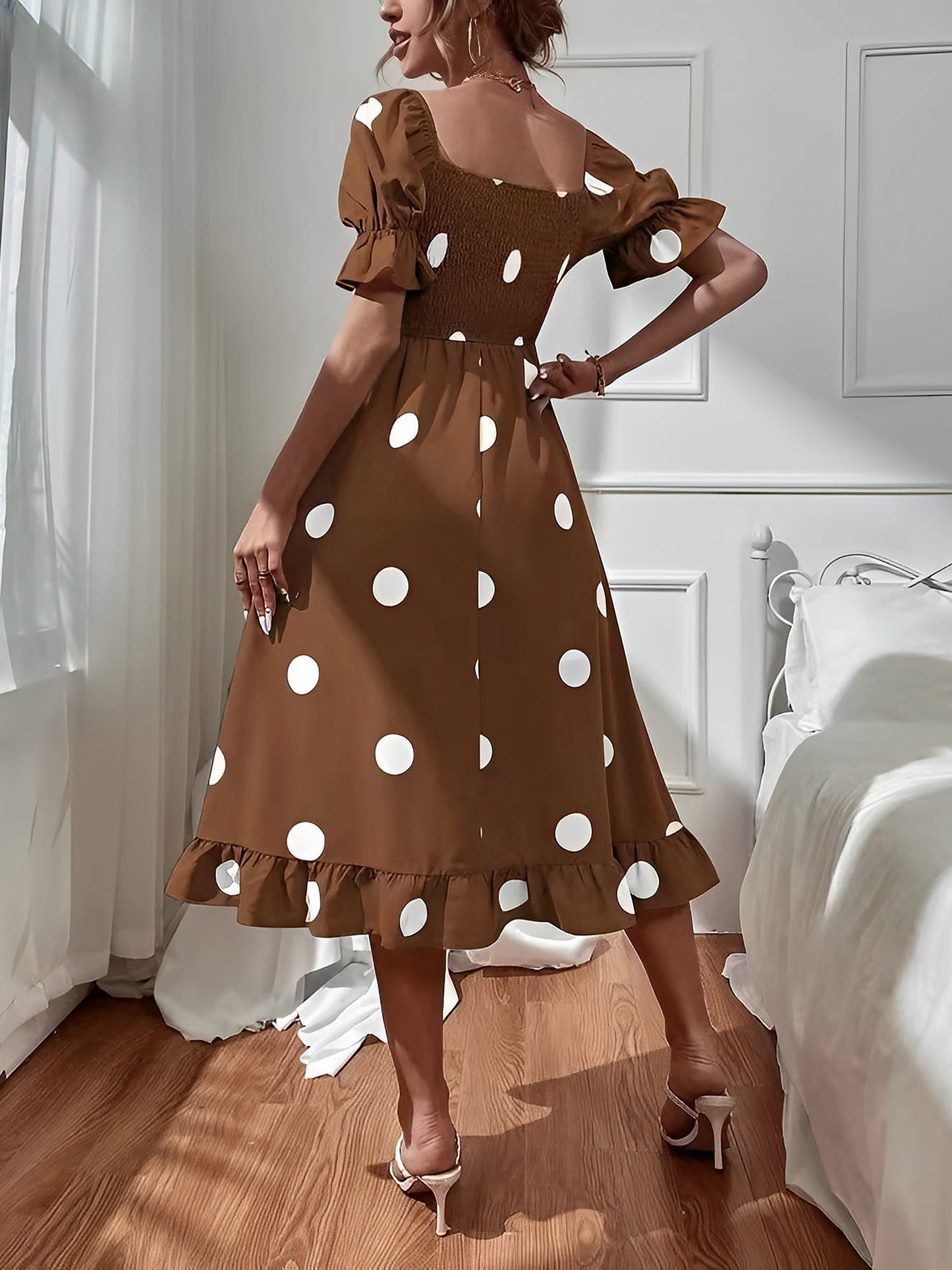 Vintage Elastic Smocking & Flutter Ruffles Polka Dot Off Shoulder Midi Cotton Dress