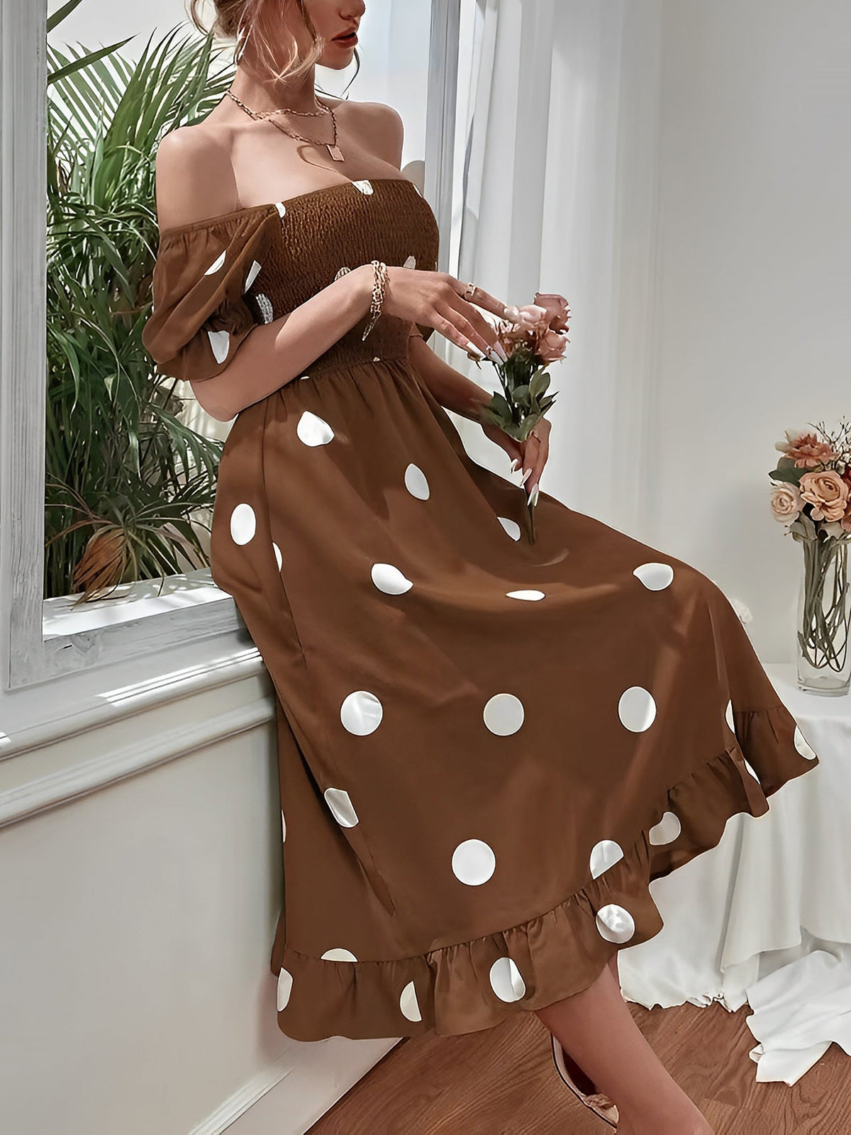 Vintage Elastic Smocking & Flutter Ruffles Polka Dot Off Shoulder Midi Cotton Dress