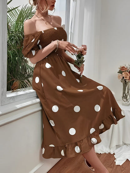 Vintage Elastic Smocking & Flutter Ruffles Polka Dot Off Shoulder Midi Cotton Dress