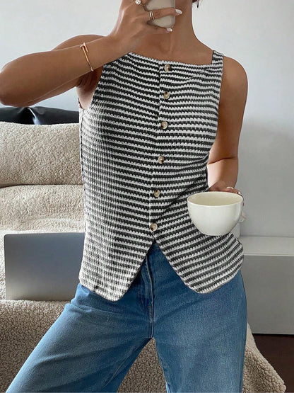 Classic Relaxed Fit Breton Stripe Button Down Sleeveless Striped Knit Daily & Office Top