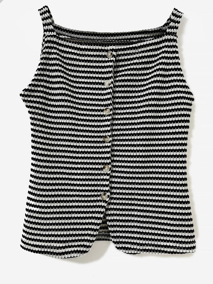 Classic Relaxed Fit Breton Stripe Button Down Sleeveless Striped Knit Daily & Office Top