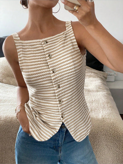 Classic Relaxed Fit Breton Stripe Button Down Sleeveless Striped Knit Daily & Office Top