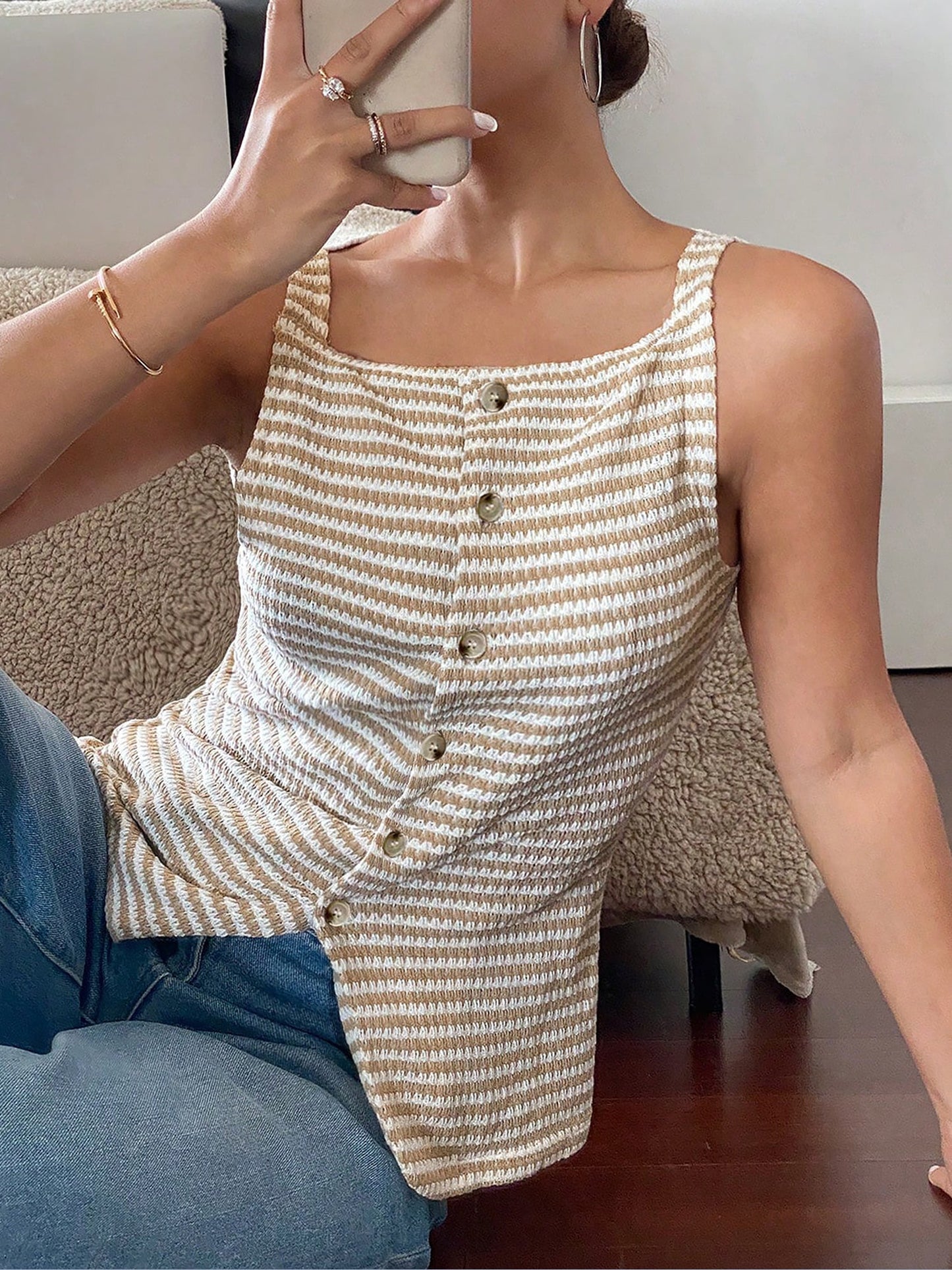 Classic Relaxed Fit Breton Stripe Button Down Sleeveless Striped Knit Daily & Office Top