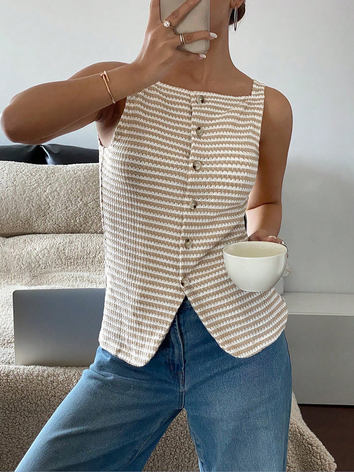 Classic Relaxed Fit Breton Stripe Button Down Sleeveless Striped Knit Daily & Office Top