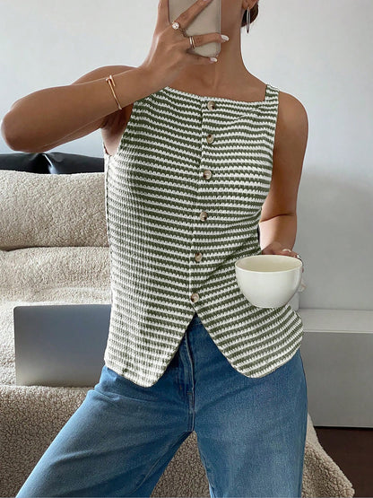 Classic Relaxed Fit Breton Stripe Button Down Sleeveless Striped Knit Daily & Office Top