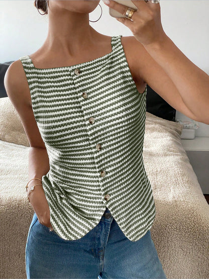 Classic Relaxed Fit Breton Stripe Button Down Sleeveless Striped Knit Daily & Office Top