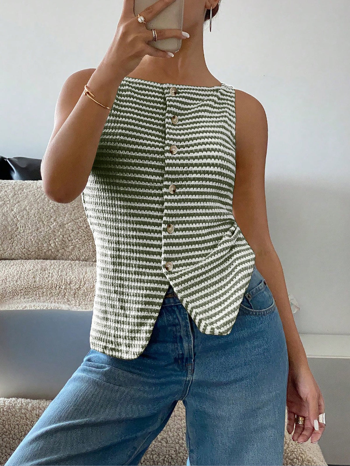 Classic Relaxed Fit Breton Stripe Button Down Sleeveless Striped Knit Daily & Office Top
