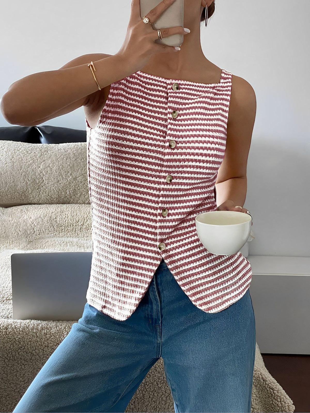 Classic Relaxed Fit Breton Stripe Button Down Sleeveless Striped Knit Daily & Office Top
