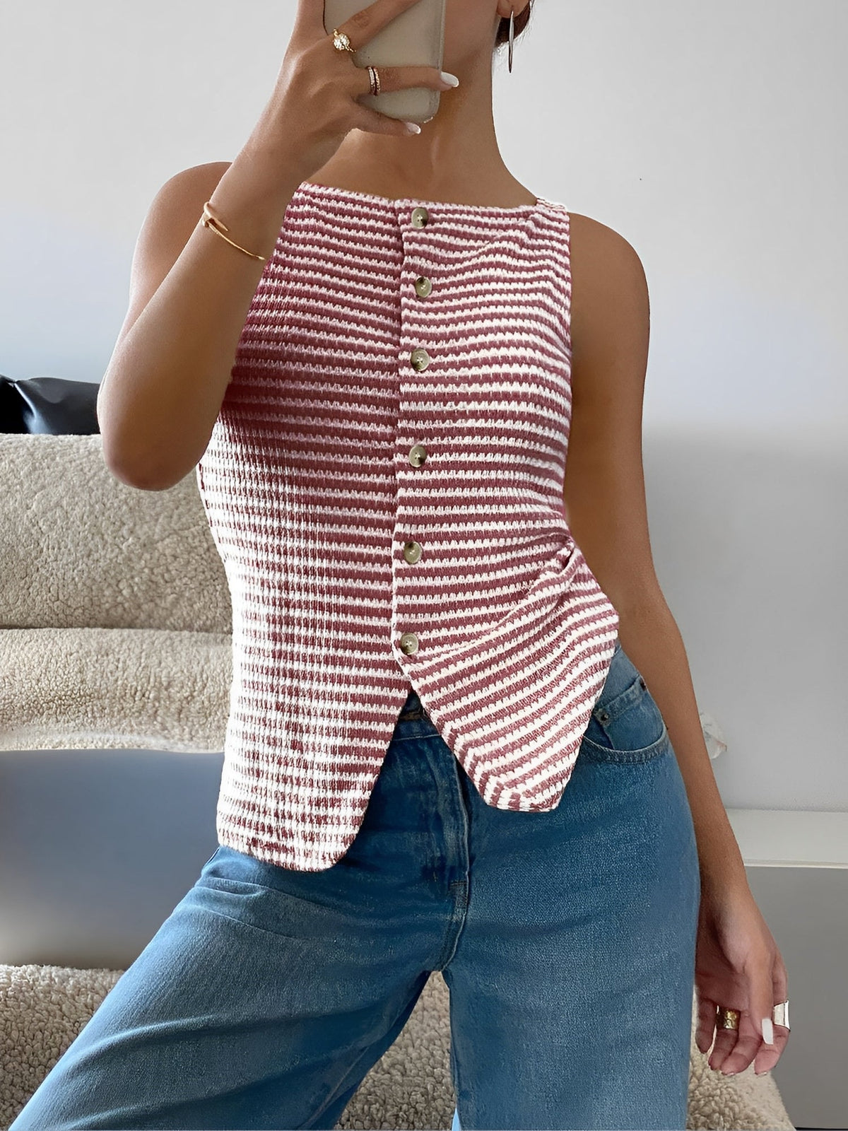 Classic Relaxed Fit Breton Stripe Button Down Sleeveless Striped Knit Daily & Office Top