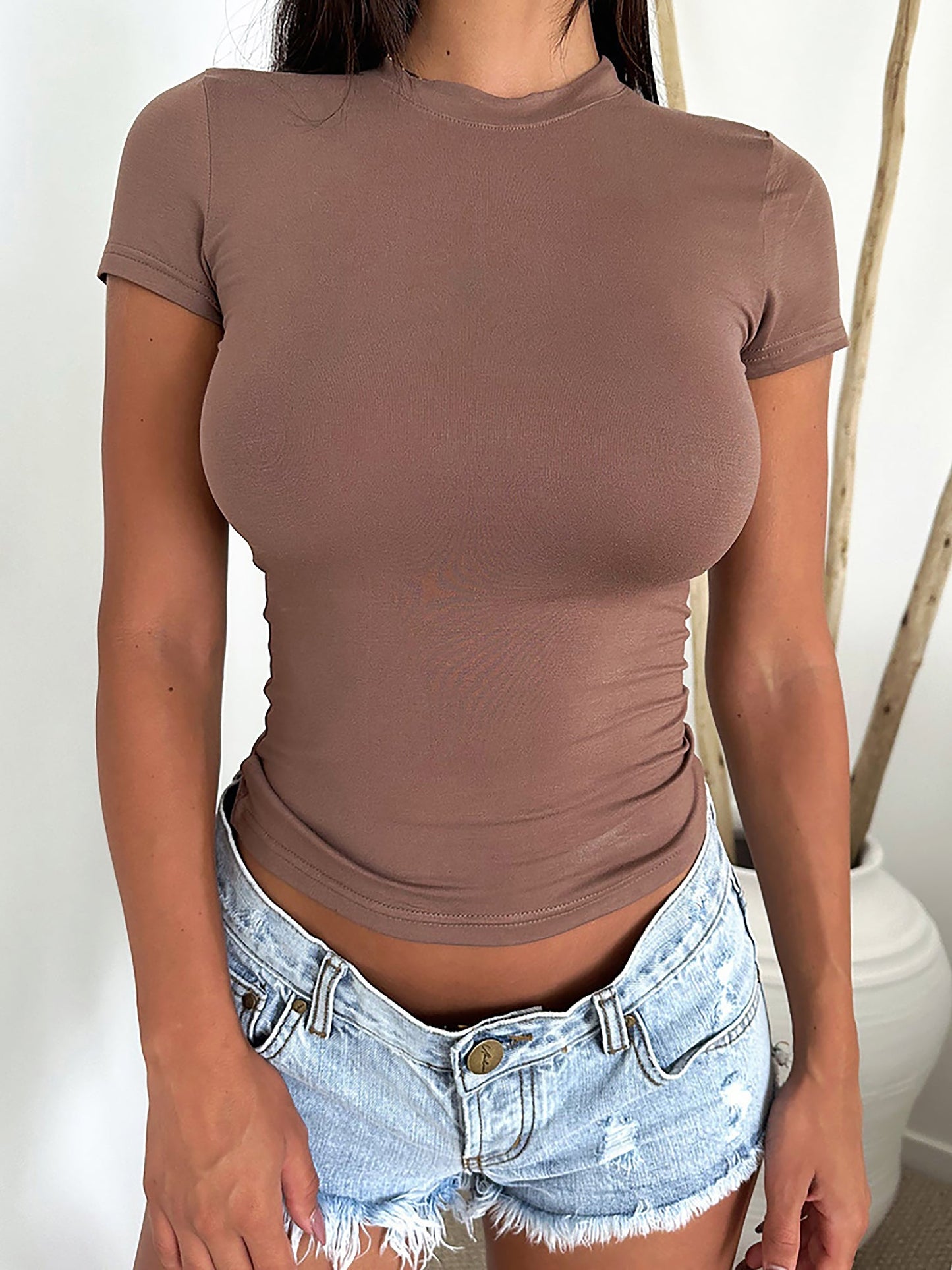 Y2K Style Solid Color Crew Neck Short Sleeve T-Shirt