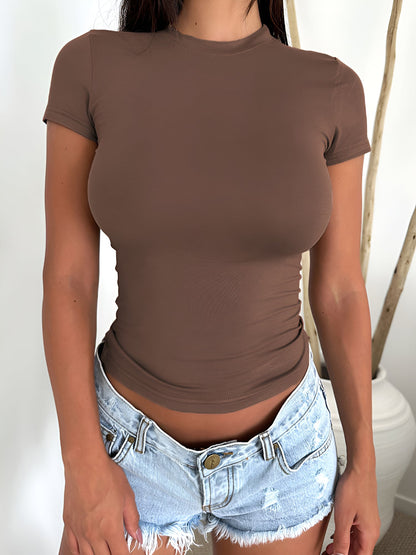 Y2K Style Solid Color Crew Neck Short Sleeve T-Shirt