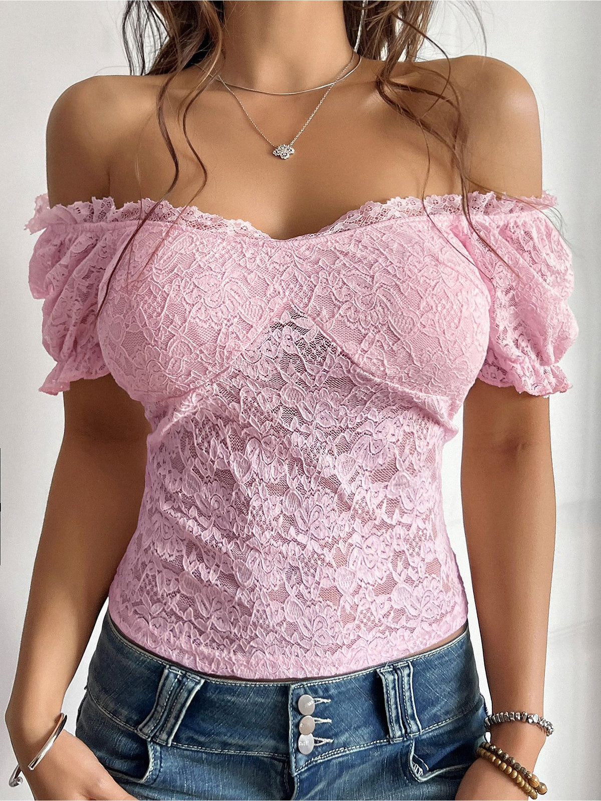 Y2K Style Lace Sheer Off Shoulder Blouse
