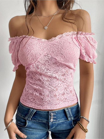 Y2K Style Lace Sheer Off Shoulder Blouse