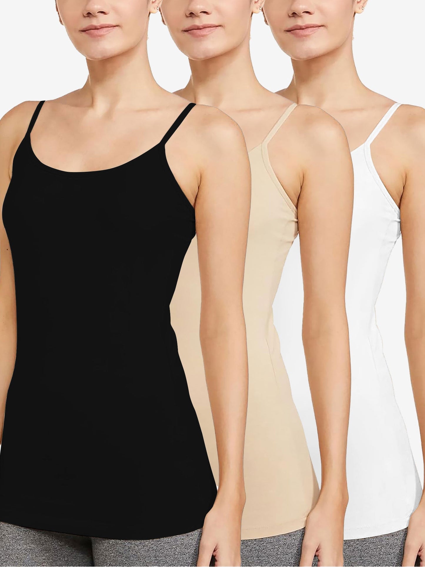3 Pieces Spaghetti Strap Solid Color Padded Cami Top Set