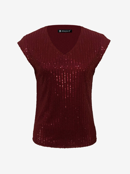 Cap Sleeve Sequin V Neck Glitter Blouse