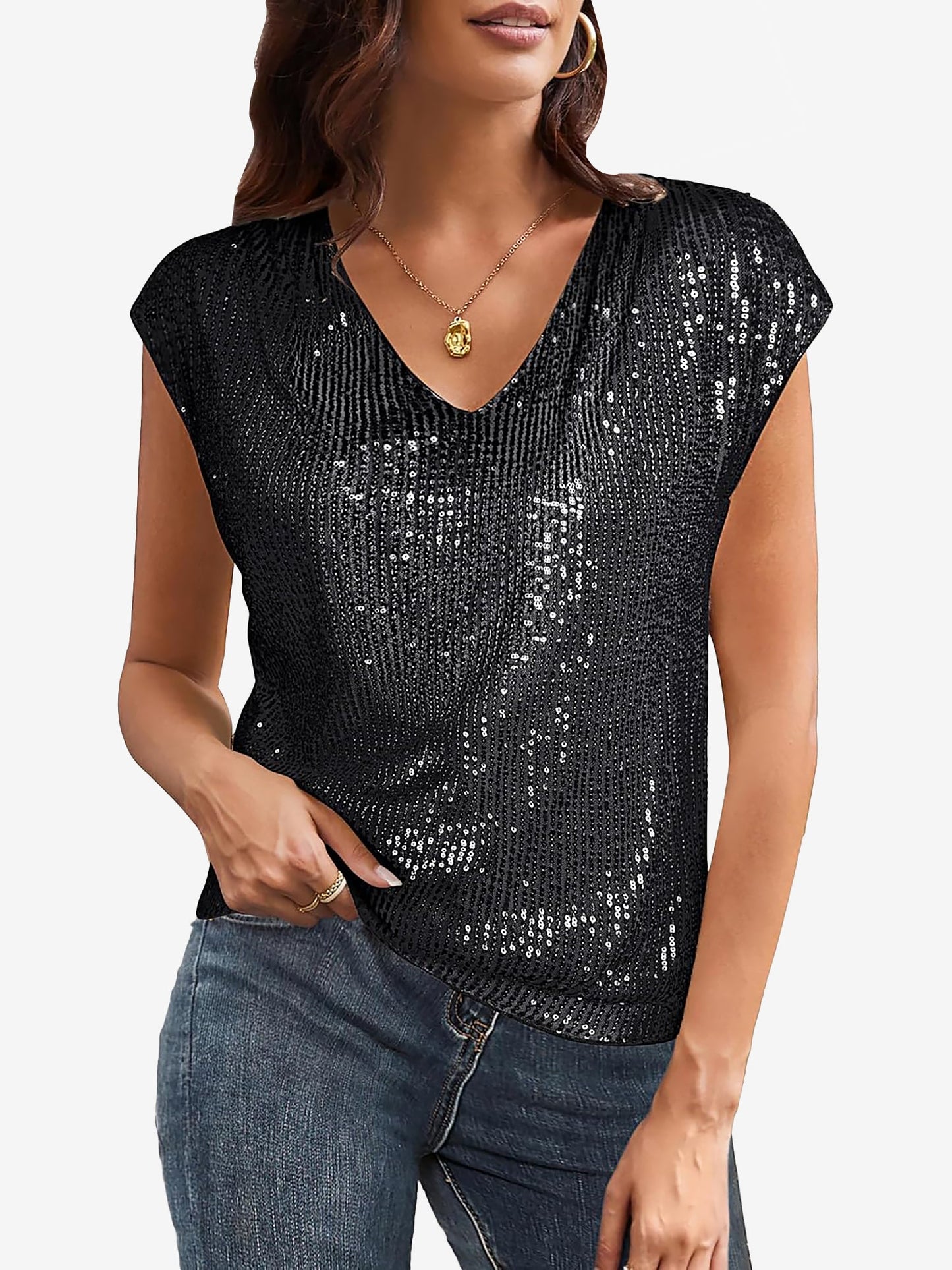 Cap Sleeve Sequin V Neck Glitter Blouse