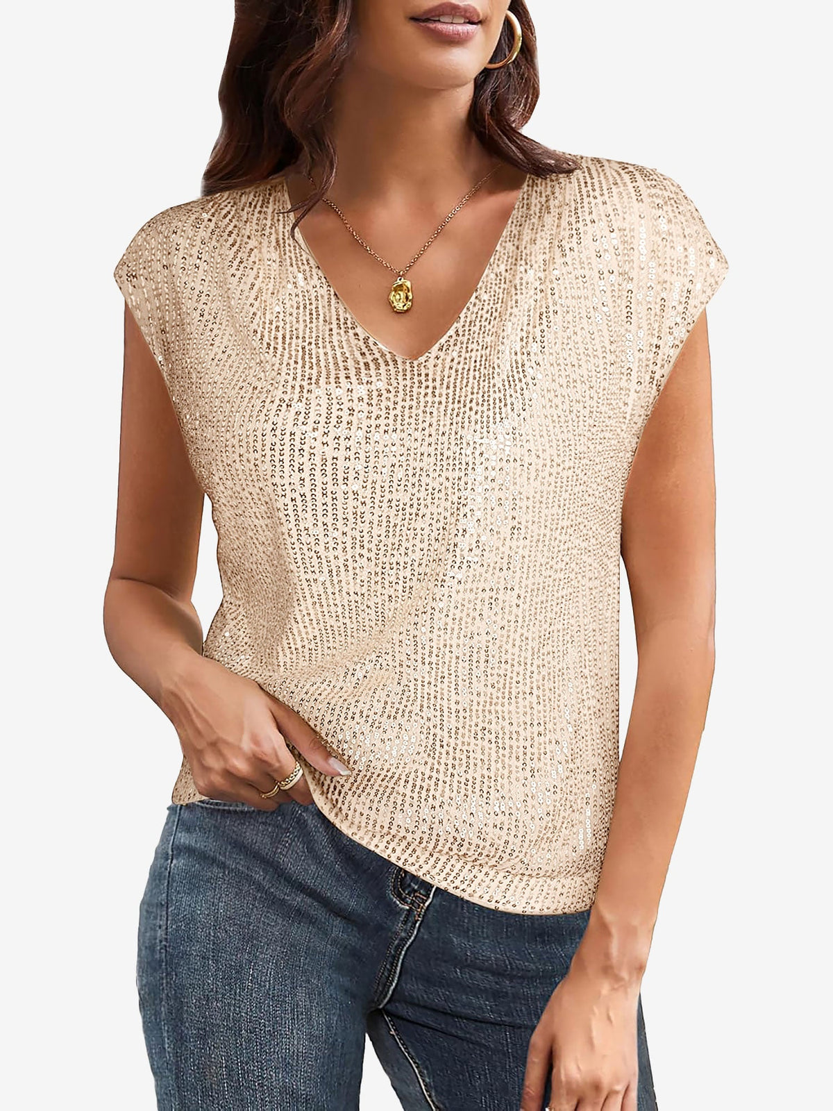 Cap Sleeve Sequin V Neck Glitter Blouse