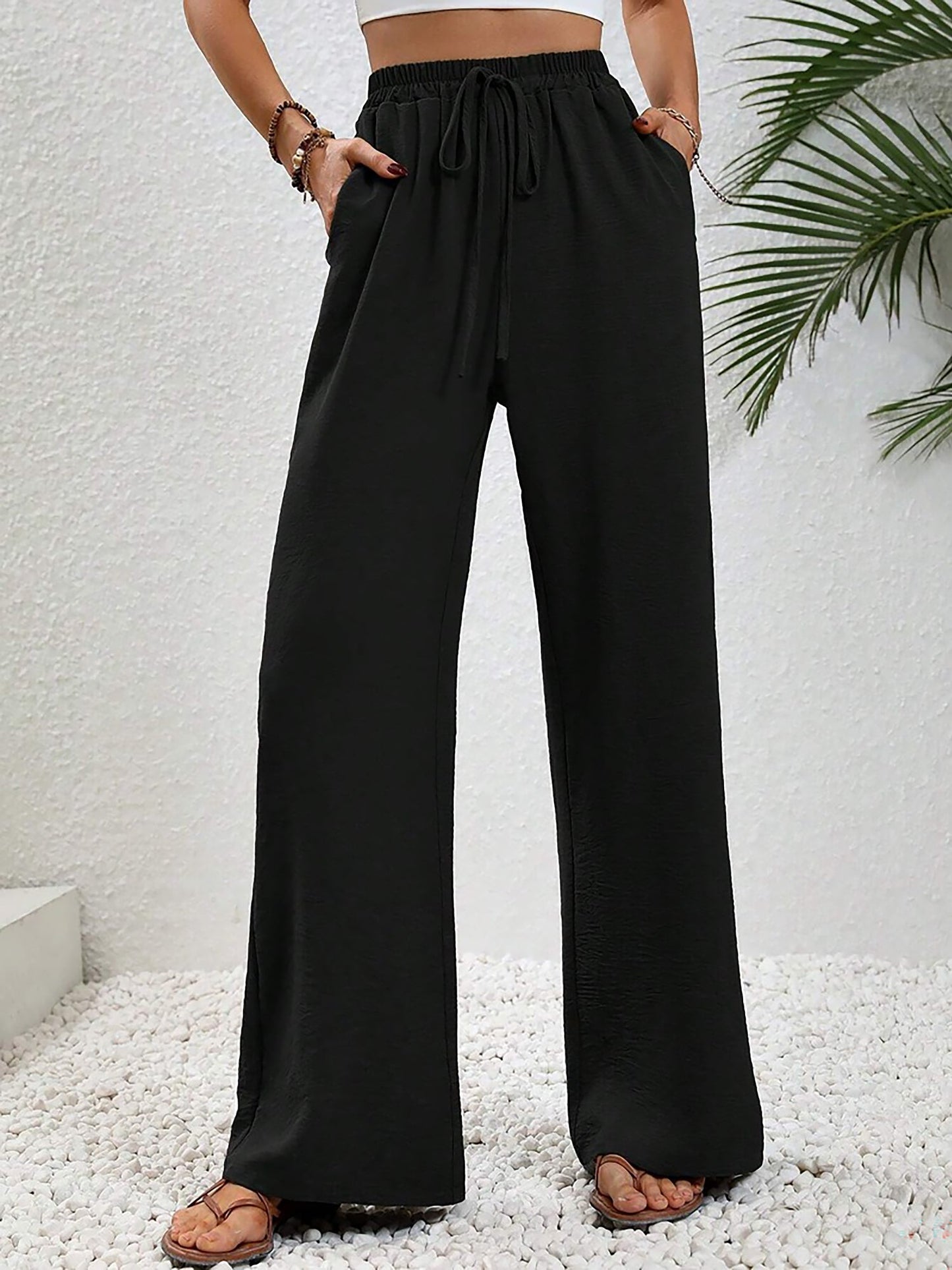 Solid Color Elastic Waist Casual Wide Legs Pants