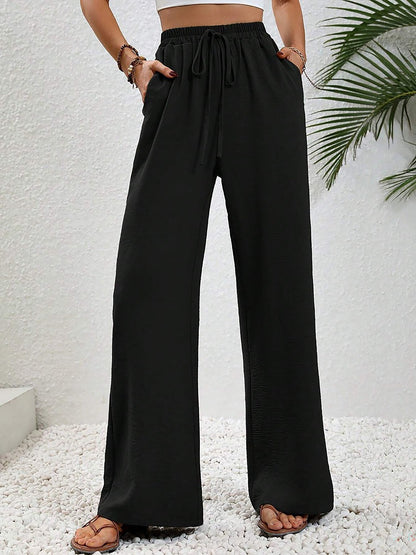 Solid Color Elastic Waist Casual Wide Legs Pants