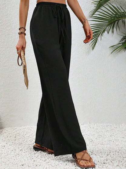 Solid Color Elastic Waist Casual Wide Legs Pants