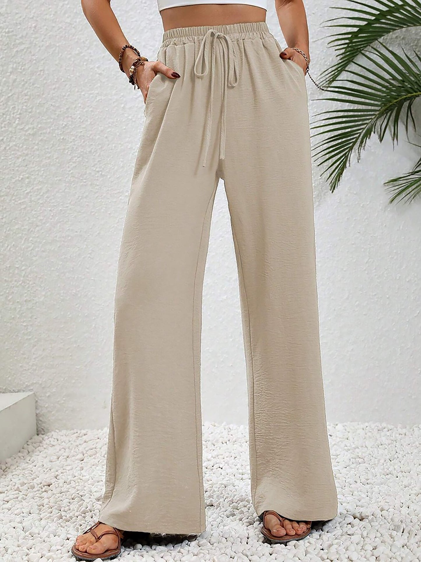 Solid Color Elastic Waist Casual Wide Legs Pants